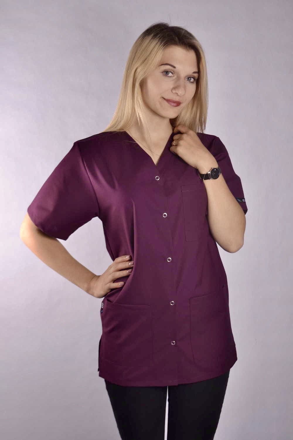 Medizinische Bluse Bianca mit Druckknoepfen Bordeaux - medizinische Damenblusen