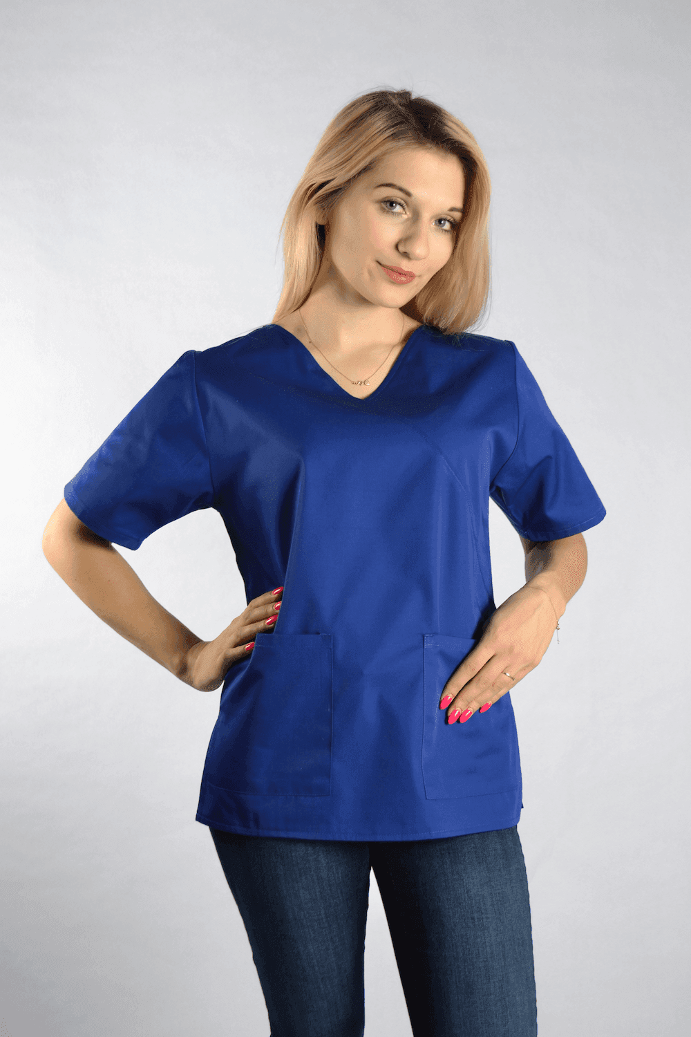 Medizinische Bluse Diana Kurzarm mit Paspel Blau - medizinische Damenblusen