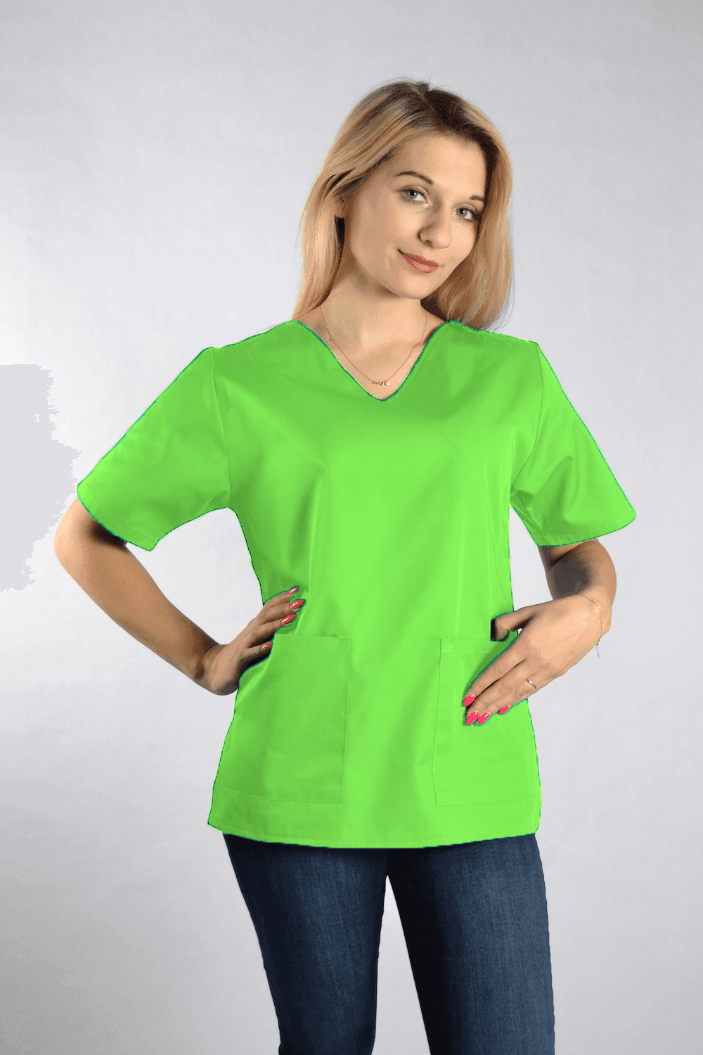Medizinische Bluse Diana Kurzarm mit Paspel Gruen - medizinische Damenblusen